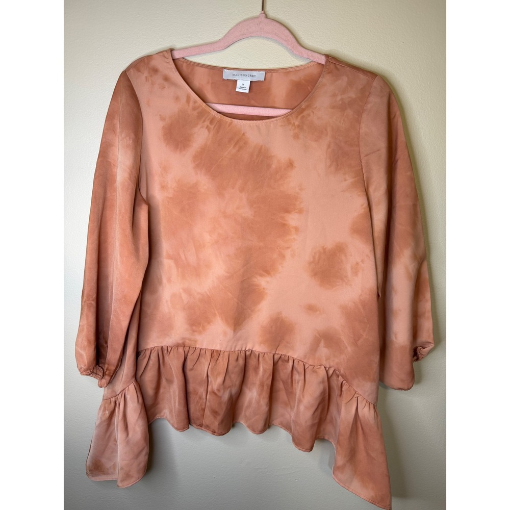 Madison Grey Ruffle Hem Blouse Women's M Peach Tie Dye Long Sleeve Boho